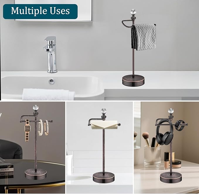 Bathroom Hand Towel Holder with Crystal Ball, Countertop Towel Holder Stand 15.7” H, Stainless Steel Classic Vintage Hand Towel Rack Stand with Heavy Weighted Base (Oil Rubbed Bronze, 2 Pack)