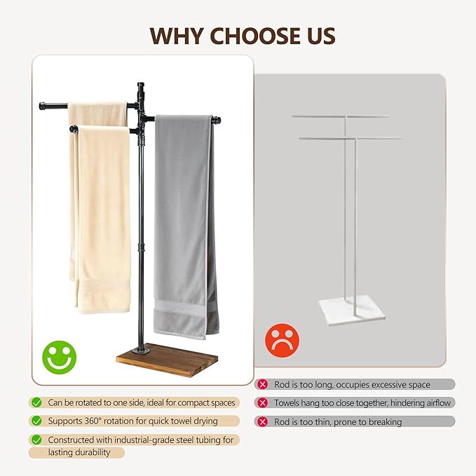 Hjarta 360° Swivel Standing Towel Rack, Free Standing Towel Holder with Wooden Base, Towel Stand with 3 Arms for Bathroom, Poolside