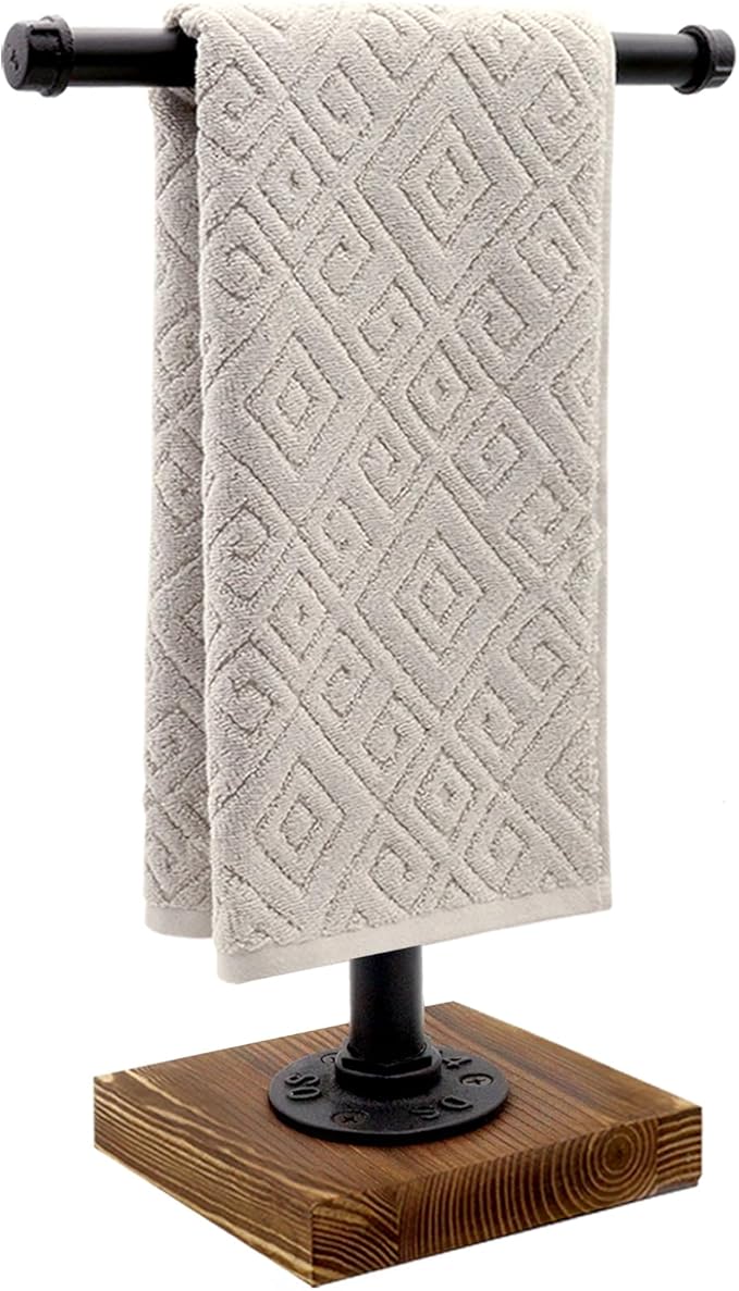 Hand Towel Holder, T-Shape Height 13'' Black Hand Towel Holder Stand, Free Standing Hand Towel Holder for Bathroom Countertop, Rustic Brown, TH006