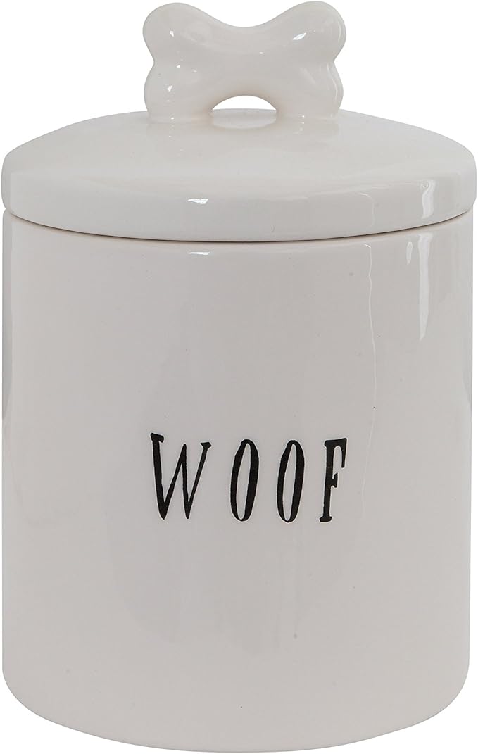 Creative Co-Op Ceramic Dog Treat Jar with Woof Message and Bone Handle Lid, White and Black