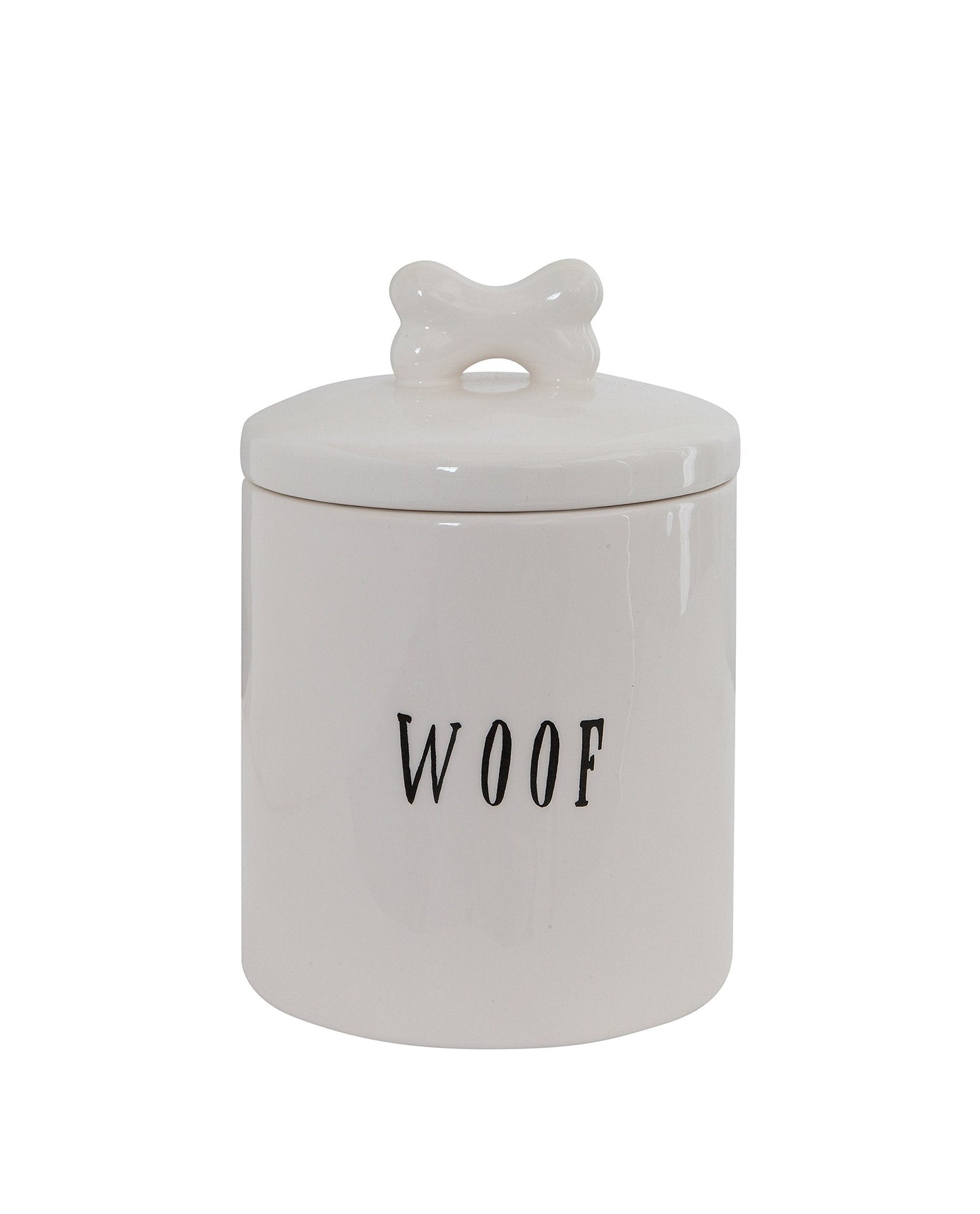 Creative Co-Op Ceramic Dog Treat Jar with Woof Message and Bone Handle Lid, White and Black