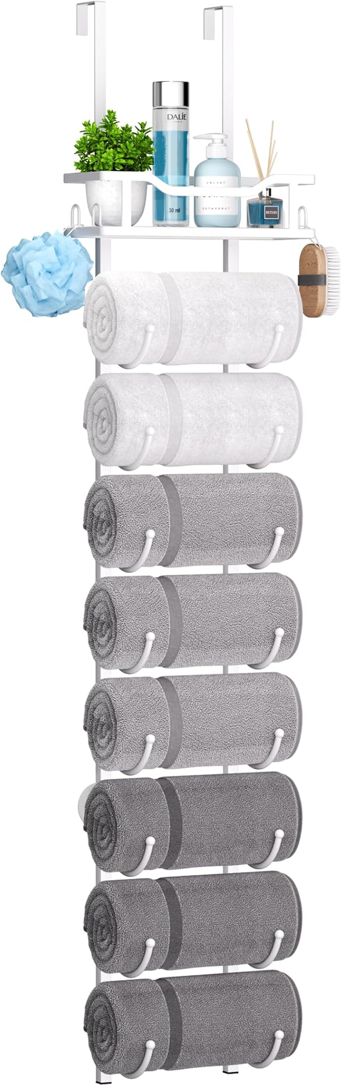 SWTYMIKI Over The Door Towel Rack - 9 Tier Towel Racks for Bathroom Wall Mounted, Towel Holder with Shelf, Hanging Rolled Towel Storage Organizer for Small Bathroom, Camper, RV, White