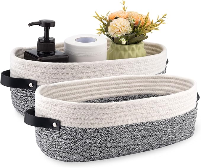 2 Pack Small Cotton Rope Woven Basket Toilet Paper Baskets for Organizing Decorative Basket for Boho Decor Small Storage Basket 13"x5.9"x4" Variegated Gray&White
