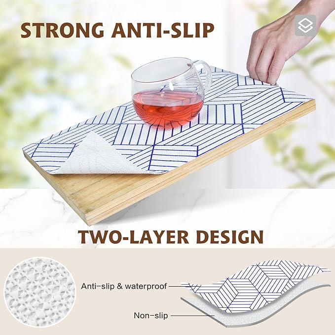 Shelf Liners for Kitchen Cabinets 12in x 20FT, Non Adhesive Cabinet Liner Strong Non-Slip White and Blue Geometric Drawer Liner, Easy to Clean for Shelf, Cabinet with Knife and Tape Measure