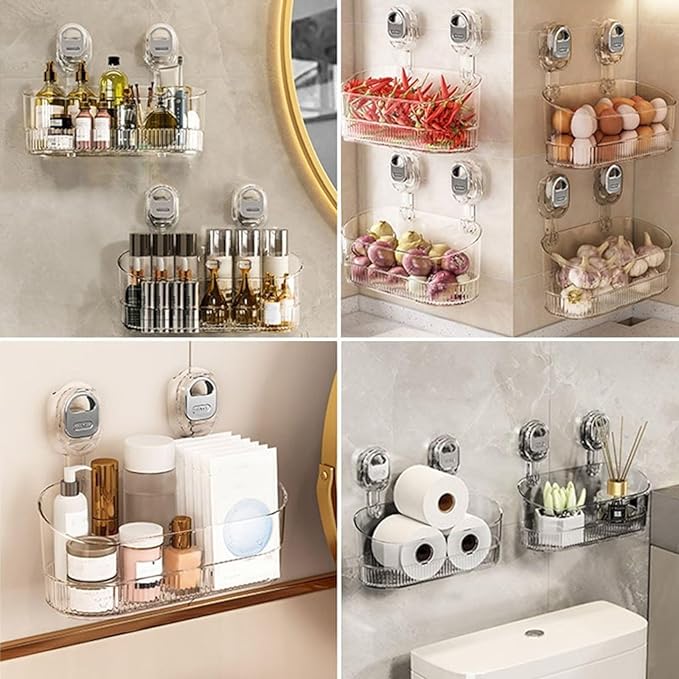 No-Drill Bathroom Suction Storage Box,Corrugated Suction Cup Storage Holder,Powerful Suction Storage Box,Removable Hanging Storage Basket, No Drilling Shelves Caddy, Ripple Acrylic Wall Shelf (Clear)
