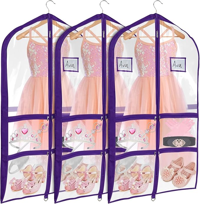 Univivi PVC Dance Costume Bags (3 Pack) Garment Bag 40 Inch for Dance Competitions, with 4 Medium Clear Zipper Pockets and 1 Large Back Zippered Pocket - Clear Purple