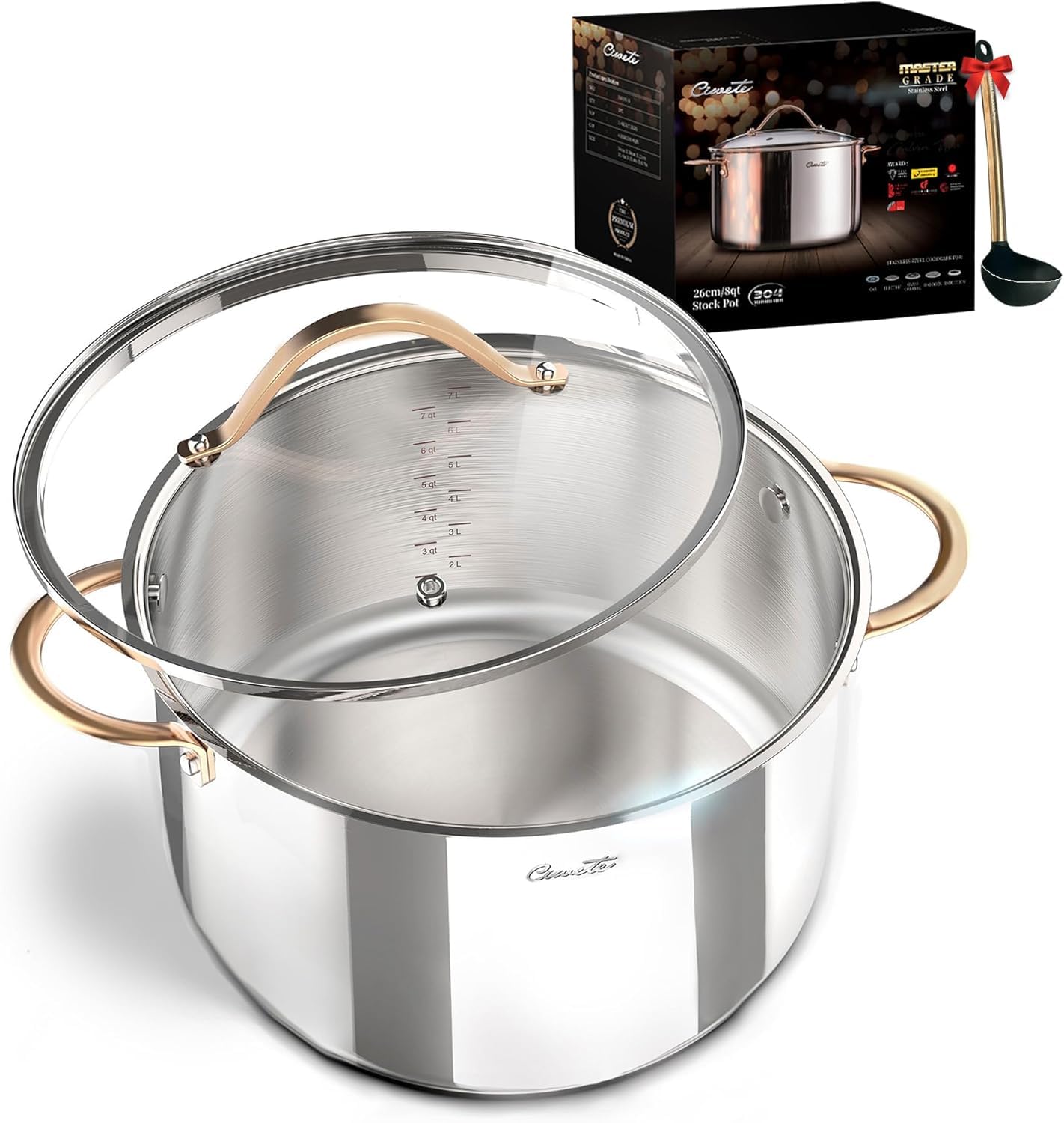 Ciwete Stock Pot 12 Quart, 18/10 Tri-Ply Stainless Steel Whole Clad Stock Pot with Lid, Seamless 12 QT Cooking Pot with Copper Handle, Healthy Stockpots, Induction, Gas, Oven and Dishwasher Safe
