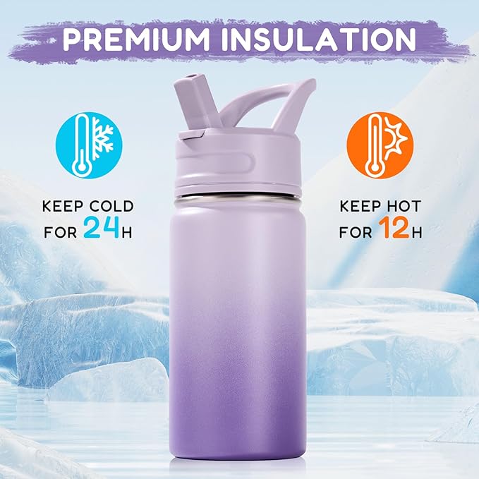 12oz Kids Water Bottle for School, Toddler Bottles with Straws, Stainless Steel Vacuum Insulated Water Bottle for Boys&Girls, Leak-Proof, BPA-Free, Lavender
