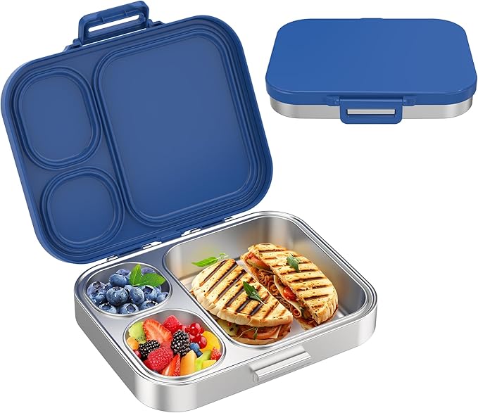 Pawtong Stainless Steel Bento Lunch Box for Kids | 3-Compartment Lunch Box Container Kids | 100% Leakproof, Eco-Friendly, Perfect Portion Control for Kids&Adult Healthy Meals (Blue)