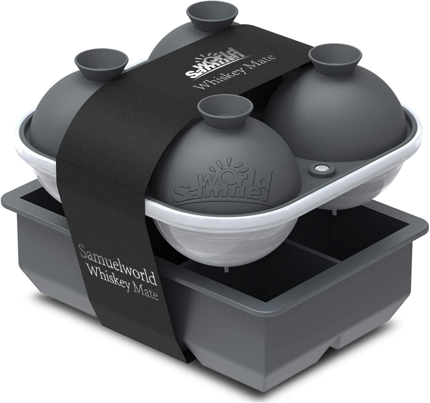 Samuelworld Premium Ice Tray Combo, Large Ice Sphere Maker & Giant Ice Cube Trays, 2 Packs, Food Grade, Easy To Use, Spill-Free Integrated Funnels, Whiskey Bourbon Cocktails (Black)