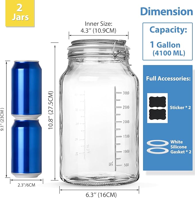1 Gallon Round Glass Storage Jars, Airtight Glass Pickle Jars, Mason Jars