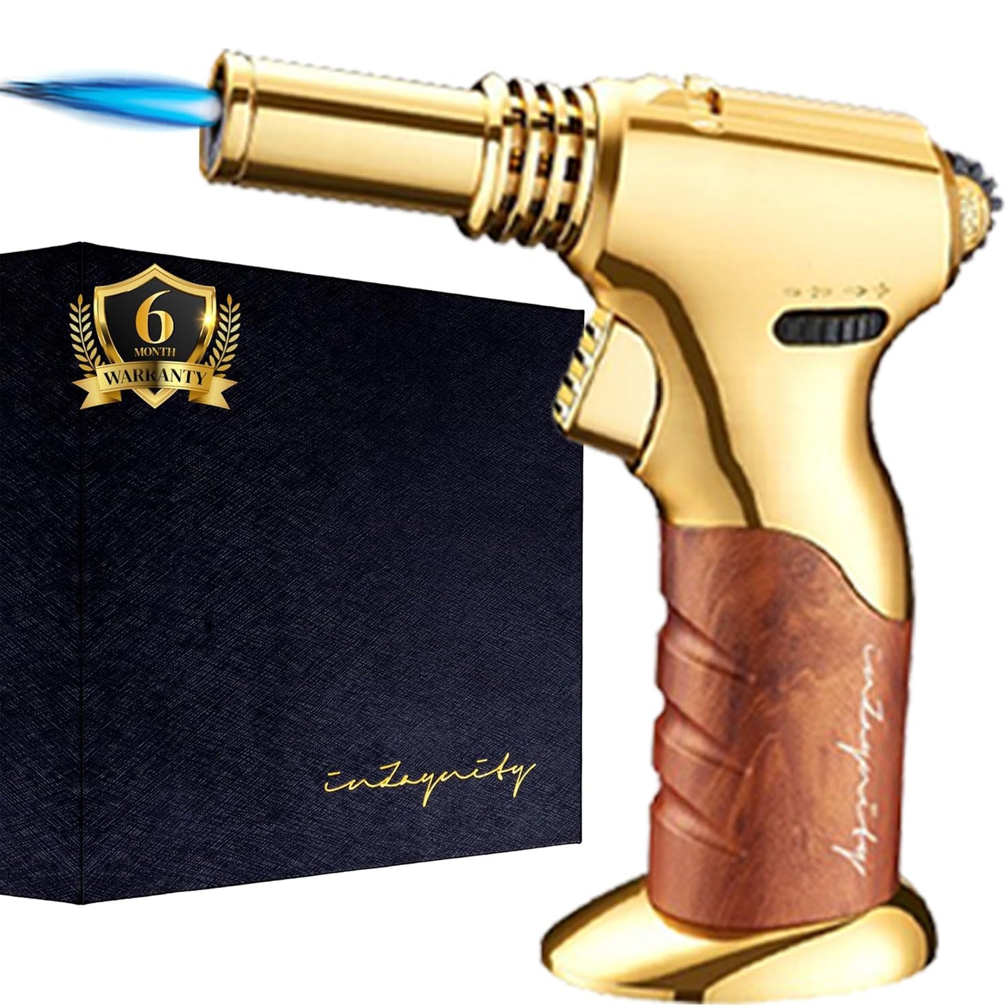 Dual Flame Butane Torch - Refillable Handheld Blow Torch for Cooking, Soldering, & Resin Art w/Adjustable Flame & Ignition Lock - Kitchen Blow Torch & Luxurious Gift Box by inZaynity® - Brown Steel