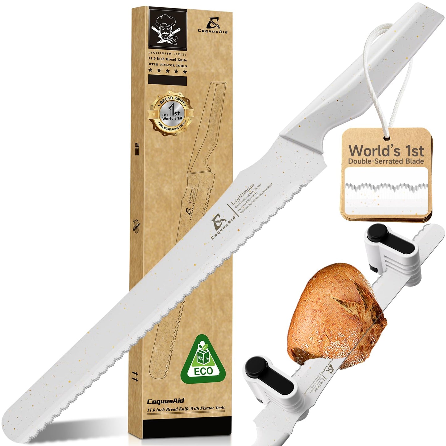 CoquusAid Bread Knife for Homemade Bread, World's 1st Double Serrated Knife