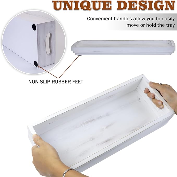Toilet Tank Tray for Modern White Bathroom Decor Set of 2 Acacia Toilet Tank Topper Paper Storage Decorative Organizer Box Wood Vanity Tray for Counter Decor Dresser Tops (White)