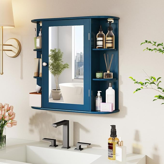 Tangkula Bathroom Medicine Cabinet with Mirror, Wall Mounted Home Storage with Door & 6 Open Shelves, Adjustable Shelves, Mirrored Bathroom Wall Cabinet (Blue)
