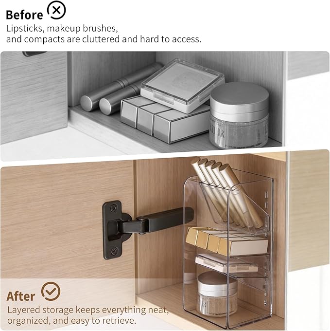 Medicine Cabinet Organizer with Adjustable Dividers, Clear Vertical Layered Backward Slanting Shelves for Makeup Brush/Lip Gloss/Mascara Storage (3-Tier Slant-Gentle Slant)