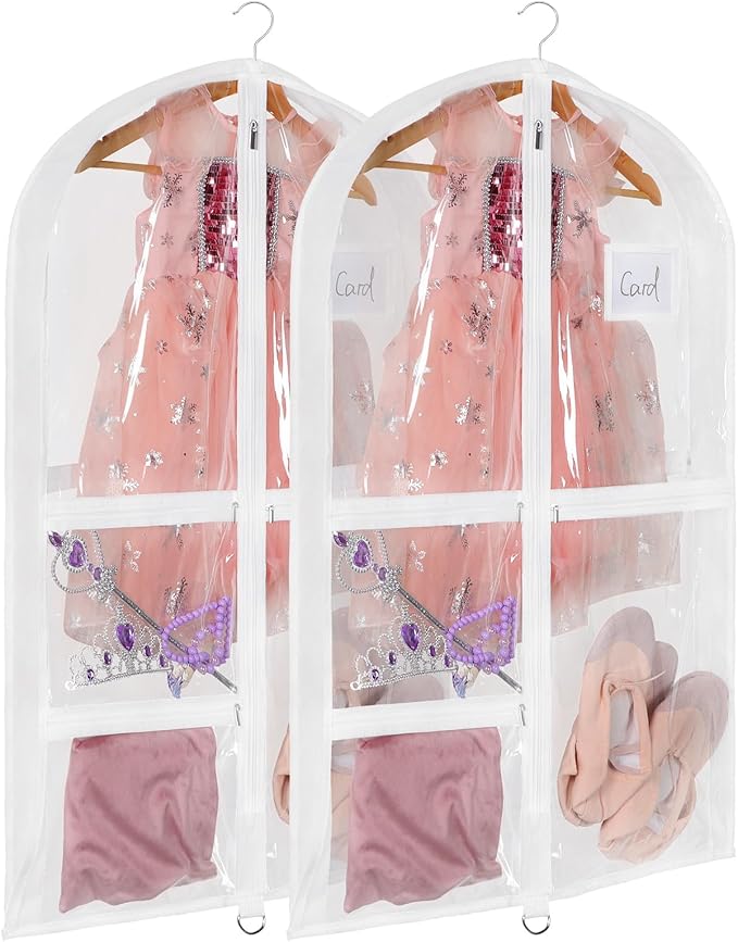 Univivi Clear PVC Dance Costume Bags, 35 Inch Garment Bag for Dance Competitions, with 3 Seperated Medium Clear Zipper Pockets and 1 Large Back Zippered Pocket (White, 2 Pack)
