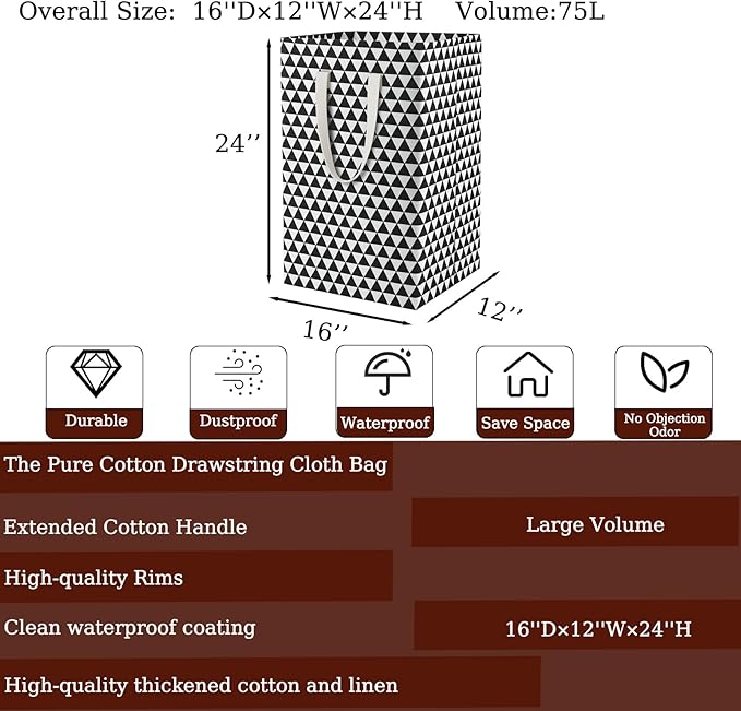 75L Waterproof Laundry Hamper Collapsible Laundry Basket Cotton Handle Laundry Bag Large Clothes Storage Toy Organization for Bathroom Bedroom Laundryroom College Dorms
