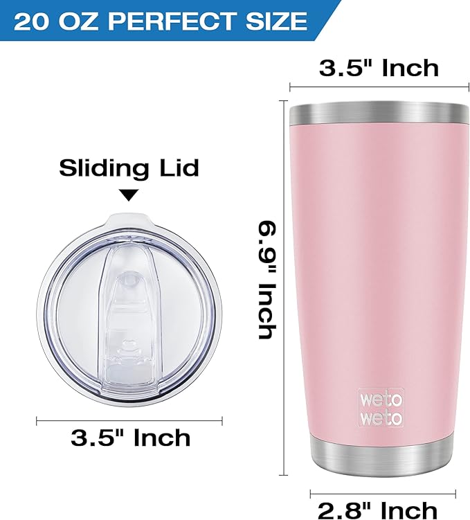 WETOWETO 20oz Tumbler, Stainless Steel Vacuum Insulated Water Coffee Tumbler Cup, Double Wall Powder Coated Spill-Proof Travel Mug Thermal Cup for Home Outdoor (Ice Pink, 1 Pack)