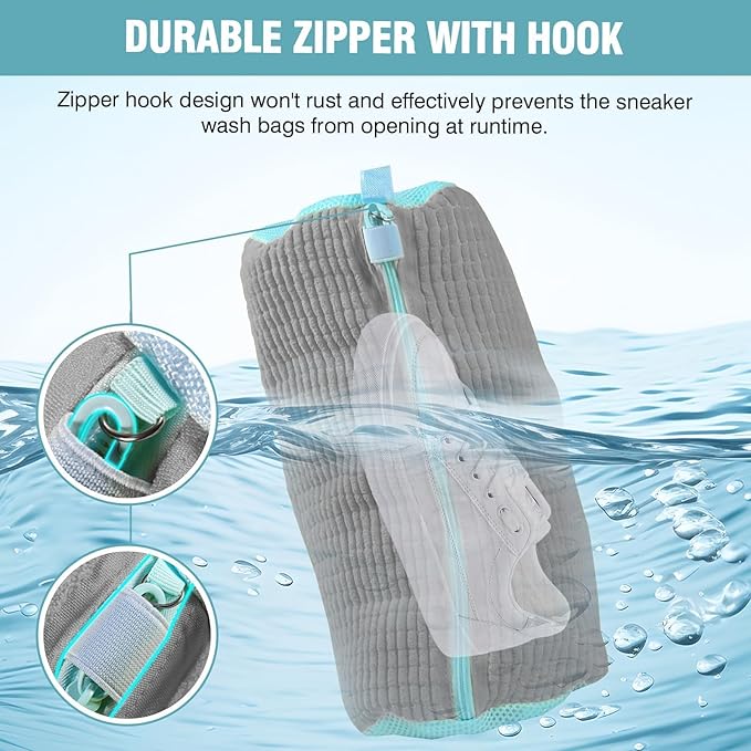 Shoe Washing Machine Bag, Shoe Laundry Bag for Washer and Dryer, Include Dry Net Bag, Reusable and Durable Zipper with Hook Design, Shoe Washing Bag for Sneaker (Gray, 2 Pack)