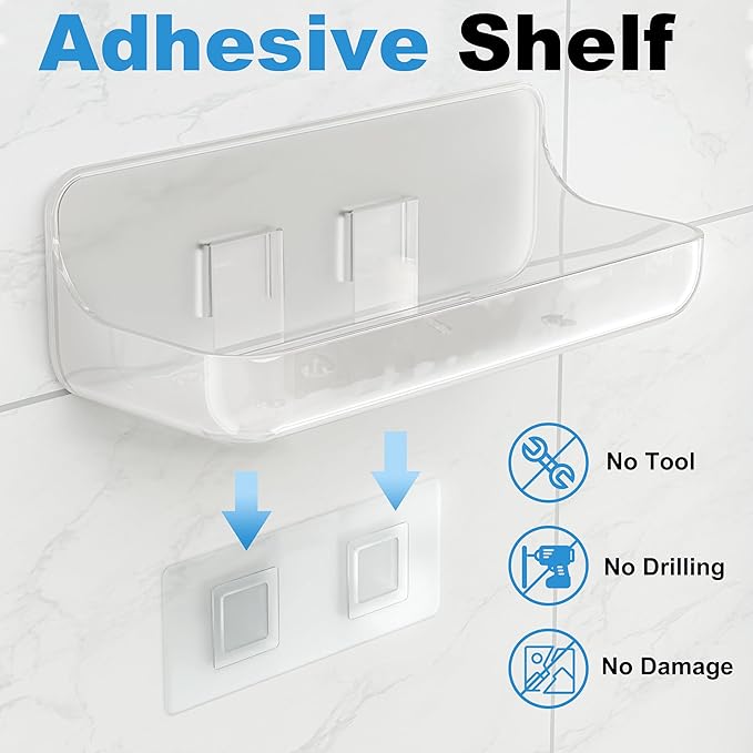 Adhesive Shower Caddy, 6 Pack Acrylic Bathroom Shelves, No Drill Wall Mount Organizer Storage Shelf