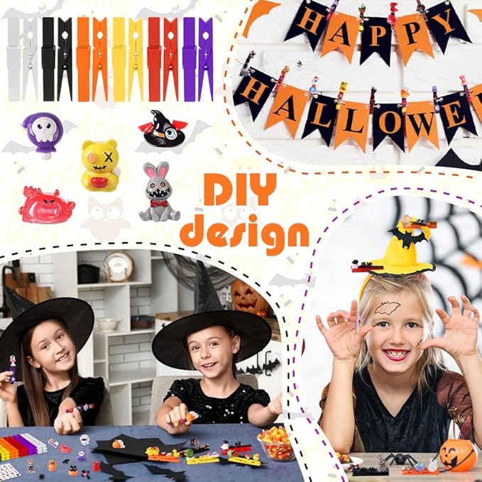 JOICEE 60 Set Halloween Cheer Pins Spirit Clips, 60 Colored Clothes Pins 115 Mini Resin Figures Ornaments Bows and Stickers pens 300 Beads for Halloween Trick or Treat DIY Crafts Gifts Party Favors