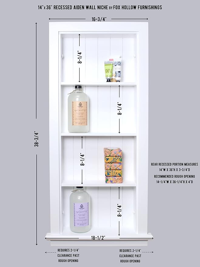 Fox Hollow Furnishings 14x36 Aiden Recessed Wall Niche Medicine Cabinet Replacement, in The Wall Bathroom Cabinet Insert Shelf/Shelves, Made in North America, Real Wood, NO MDF, Beadboard, White