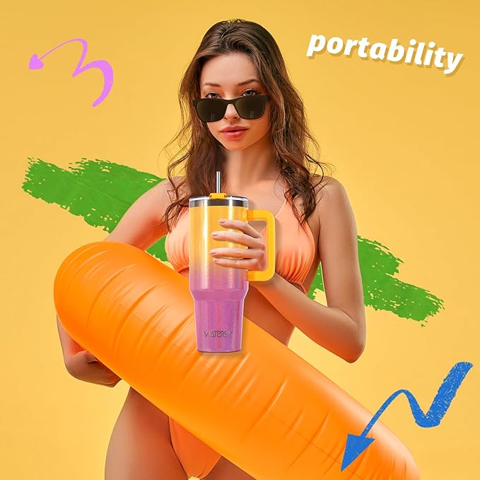 40 oz Shiny Tumbler with Handle and Straw,Stainless Steel Tumbler with Lid and Straw,Insulated Travel Mug(Cold for 34 Hours),Water Bottle for Iced Tea,Coffee (Yellow)