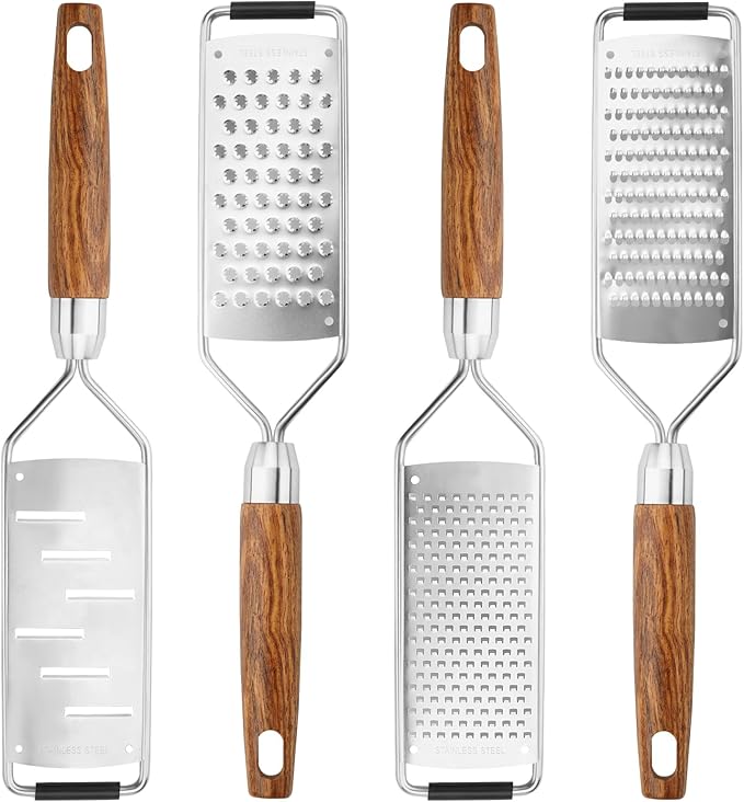 SHIKORI Stainless Steel Cheese Grater with Natural Wood Handle with a Brush