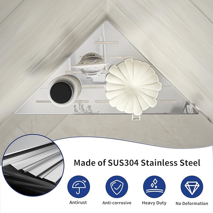 Corner Shower Shelf 10" Polished 304 Stainless Steel Recessed Corner Shelves with Slot Design Bathroom Grout in Shelf for Tiled Wall, 2 Pack