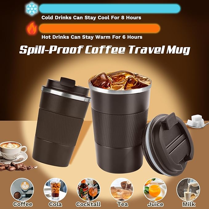 Vacuum-Insulated Stainless Steel Travel Coffee Mug, Leak-Proof Reusable Coffee Cup with Lid - Keep Hot & Cold Drinks for Hours, Durable Insulated Tumbler for Men & Women(3rd-Dark Coffee, 12OZ)
