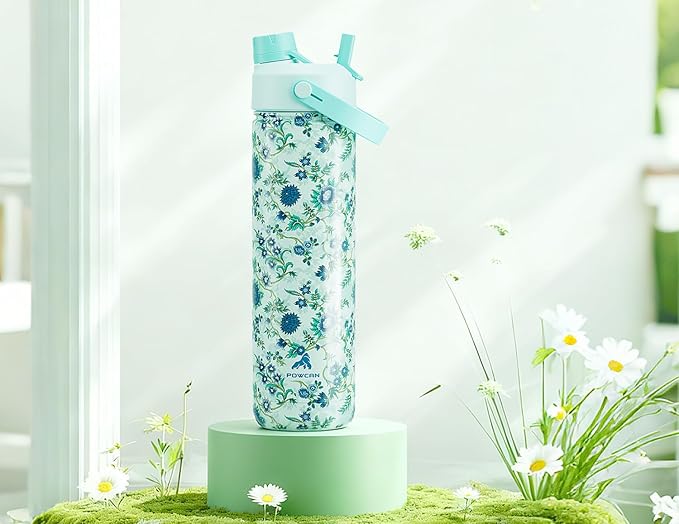 POWCAN 26 oz Insulated Water Bottle with 2-in-1 Straw and Spout Lid, Keep Cold 24H, Leak-Proof, Fits in Car Cup Holder, Stainless Steel Water Bottle for Sports, Trip, Gym, and School (Verdant Bloom)