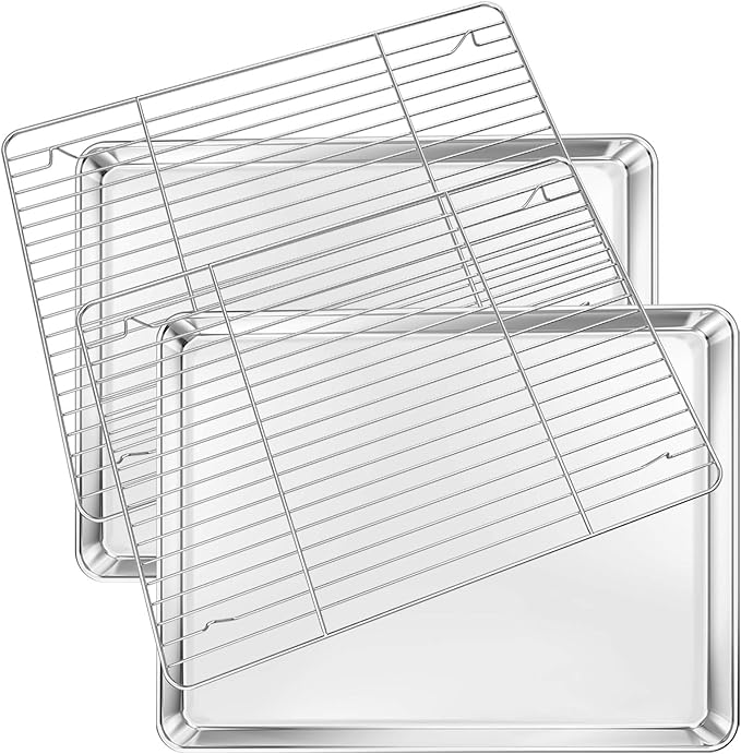 Deedro Baking Sheet with Rack Set [2 Sheets + 2 Racks], Stainless Steel Cookie Half Sheets Baking Pan Oven Tray with Cooling Rack, 12 x 10 x 1 Inch, Heavy Duty, Non-toxic, Easy Clean