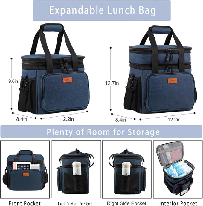 Expandable XLarge Lunch Box, Insulated Heavy Duty Lunch Bag Waterproof Leakproof Durable Cooler Bag for Men Women Adults Work Construction Camping Trip, 22L, Blue