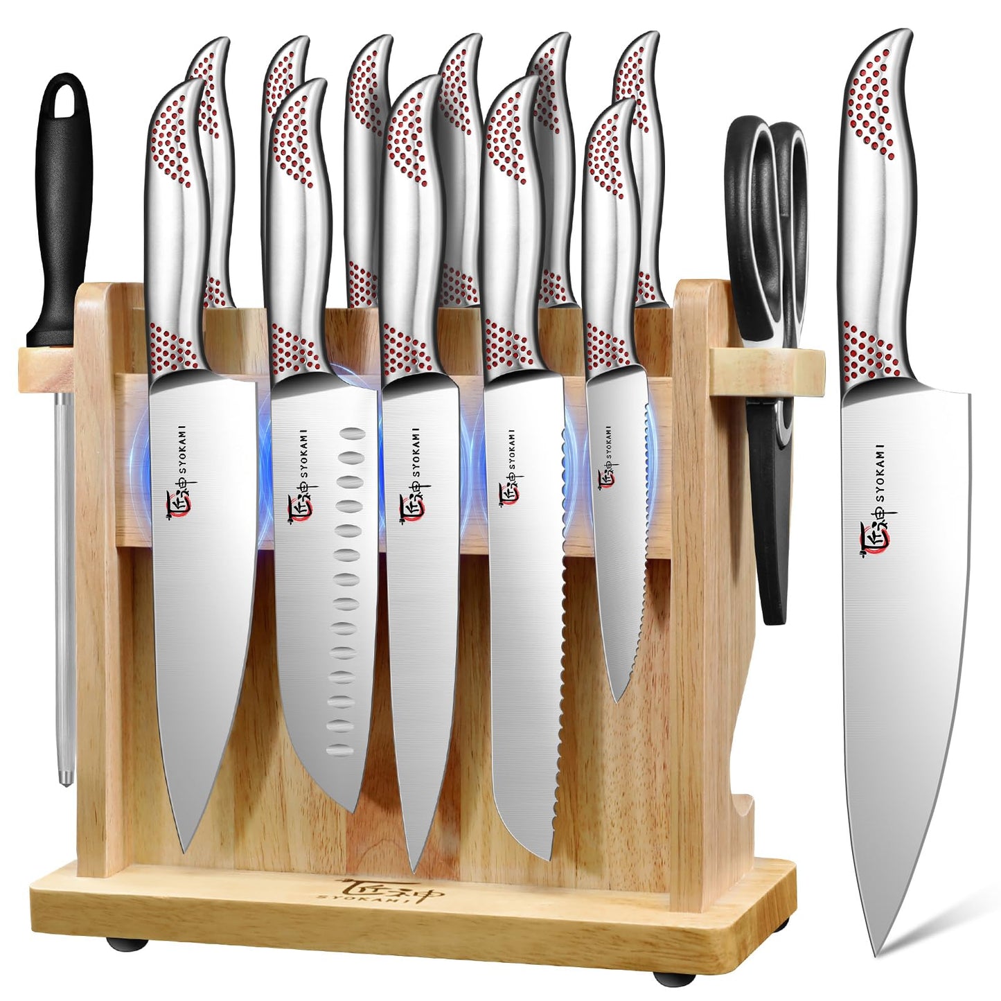 SYOKAMI Japanese Knives Set for Kitchen, Magnetic Knife Set with Block and Sharpener, Stainless Steel Knife Set as Gift for Couple, Wedding, Women or Mom with Gift Box, 14 PCS Red Dot