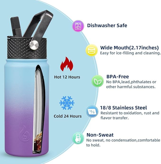 BJPKPK Insulated Water Bottles with Straw Lid, 18oz Stainless Steel Metal Water Bottle, Cold Hot Thermo with 3 Lids, Leak Proof BPA Free Travel Cup, Wide Mouth Flasks, Thermo-Ocean Dream