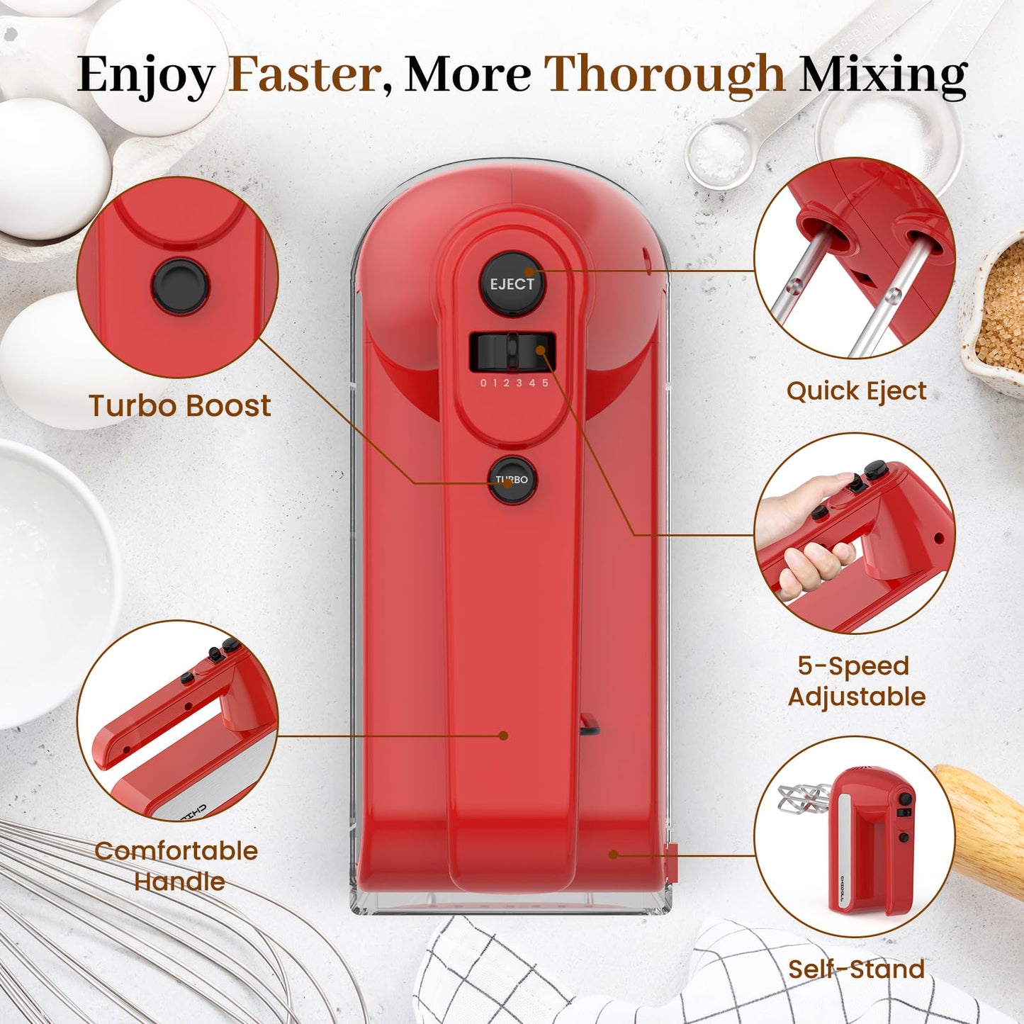 5-Speed Electric Hand Mixer, 800W Handheld Mixer with Turbo for Baking & Cooking, Kitchen Food Mixer with Storage Case & 6 Stainless Steel Attachments (2 Beaters, 2 Dough Hooks, 2 Whisks)-White