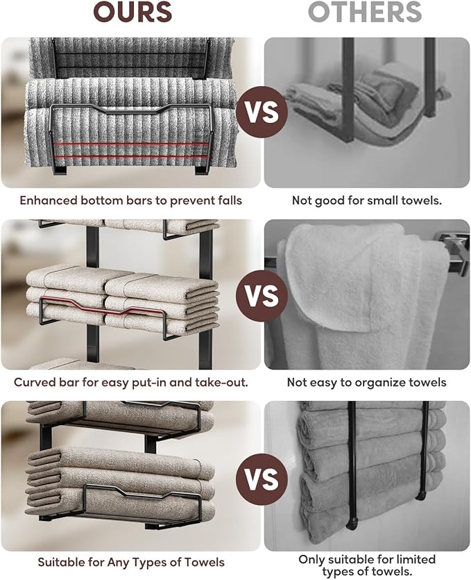 Hanging Towel Racks for Bathroom No Drill - Over The Door 8-Tier Bath Towel Storage Organizer for Small Bathrooms - Back Door Large Tiered Towel Holder Hanger for Rolled Towels RV Camper BLACK