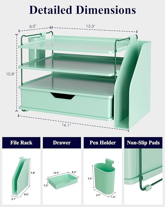 Kitsure Desk Organizer - 4-Tier Office Desk Accessories with Drawer ＆ Pen Holder, Tool-Free Assembly Organizer with Non-Slip Pads, for Office Supplies Storage, Plastic, 13.3" x 8.0" x 10.8", Green