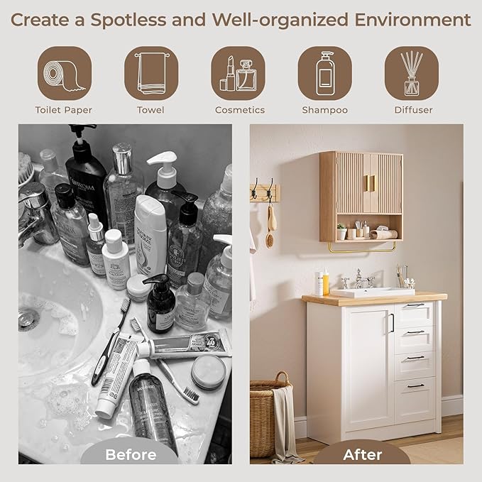 Bathroom Cabinet Wall Mount with Fluted Door Panel & Adjustable Shelf, Medicine Cabinet with Open Partition and Towel Bar, Wall Storage Cabinet for Laundry Room & Kitchen (Natural Oak)