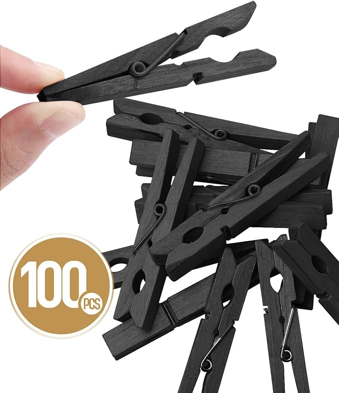 100 Pack Black Clothespins 2.9 Inch, Heavy-Duty Wood Rust-Resistant Clothes Pins, Solid Birch Clips for Laundry, Photo Wall Displays, Craft Projects & Classroom Decoration