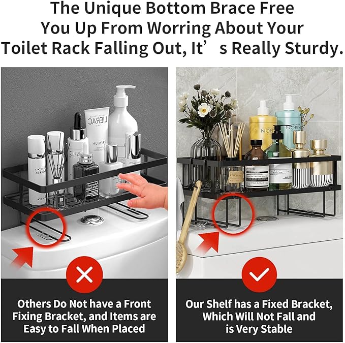 Godboat Bathroom Organizer - Over Toilet Storage, Floating Shelves with 2 Hooks, Wall Mounted Shelf Rack, Behind and Above The Tank, Gifts for Women (Black, 1-Tier)