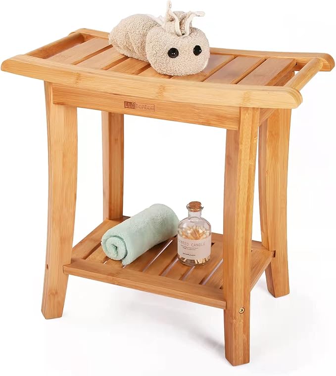 Bamboo Shower Bench with Storage Shelf, Wooden Spa Bath Deluxe Organizer Shower Stool for Inside Shower, Bathroom Bench Seat for Adults Elderly Seniors for Indoor or Outdoor Use