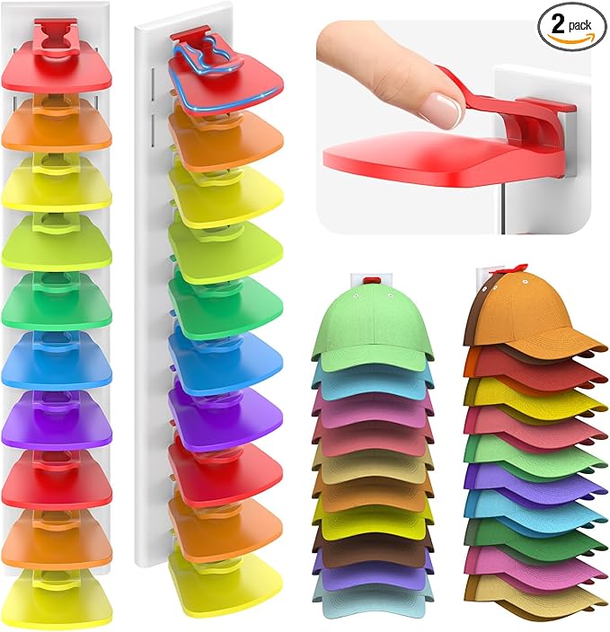 Hat Organizer for Baseball Caps, 2 Pack Hold Up to 40 Hats, Hat Rack for Wall Space Saving, Hat Hanger w/Strong Adhesive Hat Storage Holder Display for Closet Door and Wall(White& Color)