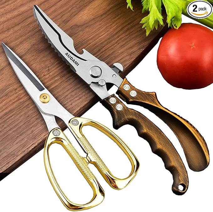 AUDAMI 2-Piece Kitchen Shears Set, Heavy Duty Professional Poultry Meat Scissors,Multi-Purpose Stainless Steel, Dishwasher Safe