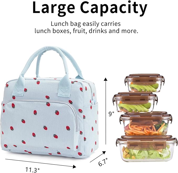Lunch Bag Women Lunch Box for Women Adult Cute Insulated Lunch Bag Lager Cooler Lunch Tote Bags for Work Picnic (Blue-Strawberry)