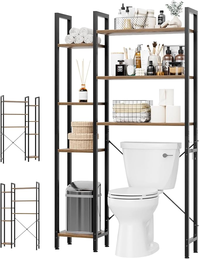 OTK Over The Toilet Storage with 7-Tier Bathroom Organizer Shelf, Freestanding Space Saver with Adjustable Feet & Hooks, Storage Rack for Bathroom, Restroom, Laundry, Rustic Brown