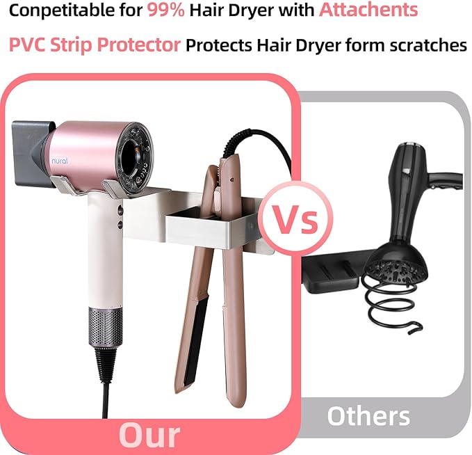 Hair Dryer Holder Wall Mounted, Hair Tool Organizer Wall Mount for Bathroom, Stainless Steel Hair Dryer Holder, Blow Dryer Holder Adhesive/Drilling Hair Dryer and Straightener Holder UEMUSI