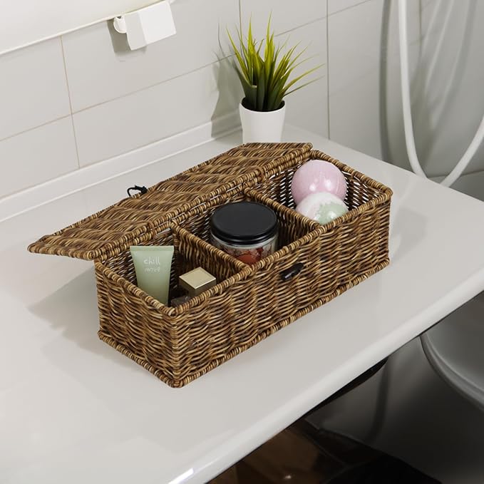 Waterproof Wicker Storage Basket with Lid, Rectangular Tank Woven Baskets with Sections, Decorative Box for Snack Toys Bathroom (Brown)