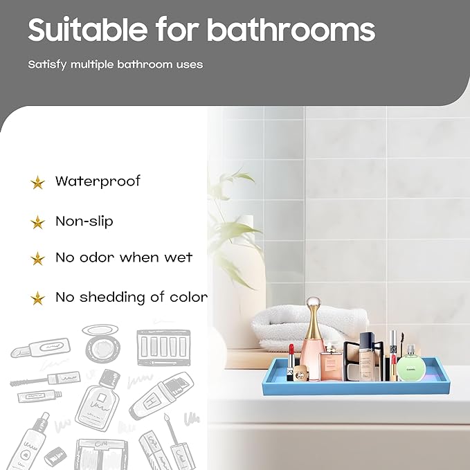Vanity and Bathroom Tray, 15" ABS Countertop Organizer,Waterproof Vanity Tray for Toilet Tank,Perfume,Soap,Keys,Bathroom Accessories,Kitchen and Bath Trays,Non Slip Small Trays,Blue